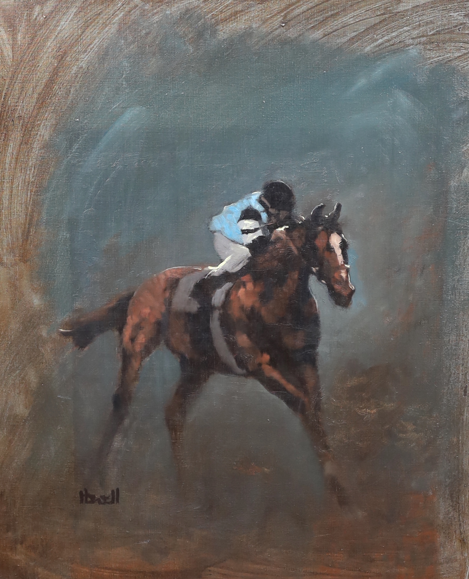 Peter Howell (British b.1932), Racehorse with jockey up, oil on canvas, 60 x 50cm